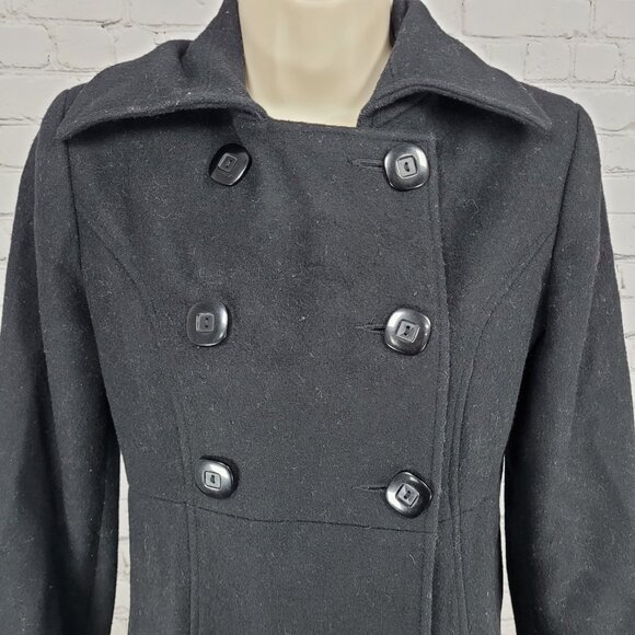 Via Black 100% Wool Double Breasted Buttoned Lined Pockets Long Pea Coat Small S - Picture 6 of 12